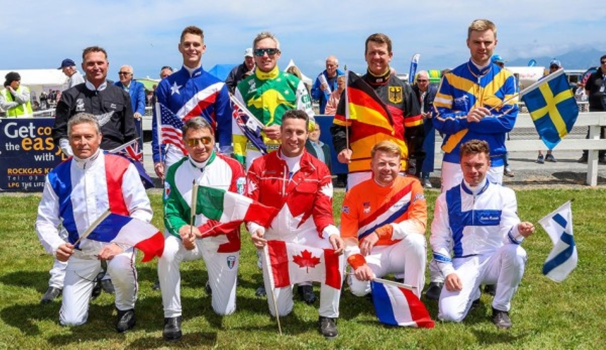 The reinsmen competing in the World Driving Championship in New Zealand are (front row (from left...