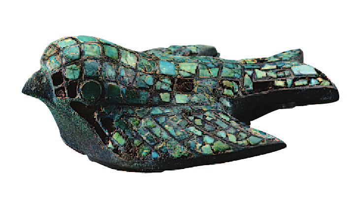 The royal graves of Zhaigou contained chariots and a flying bronze bird inlaid with turquoise.