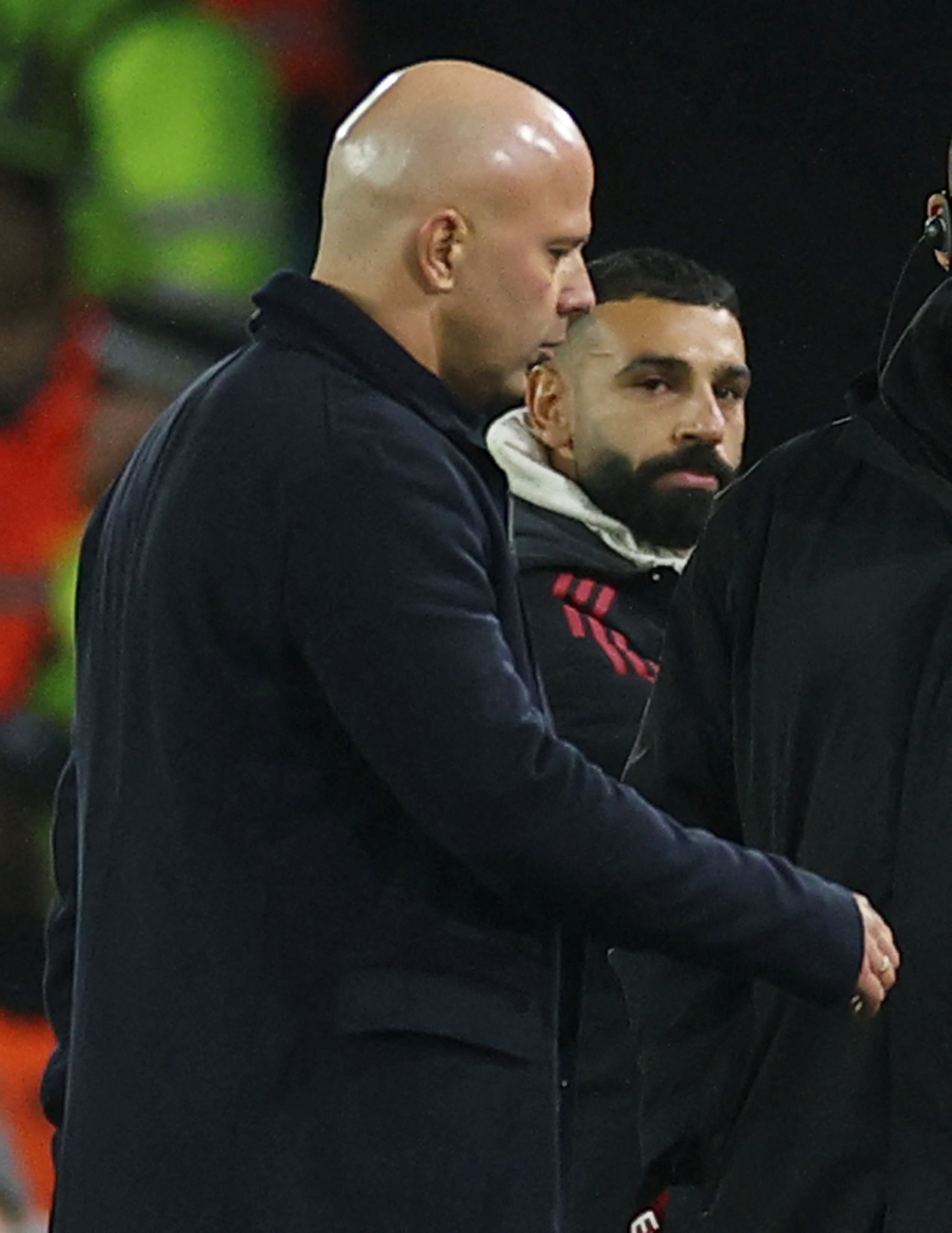 Liverpool manager Arne Slot (left) and Mohamed Salah after the match. Photo: Action Images via...