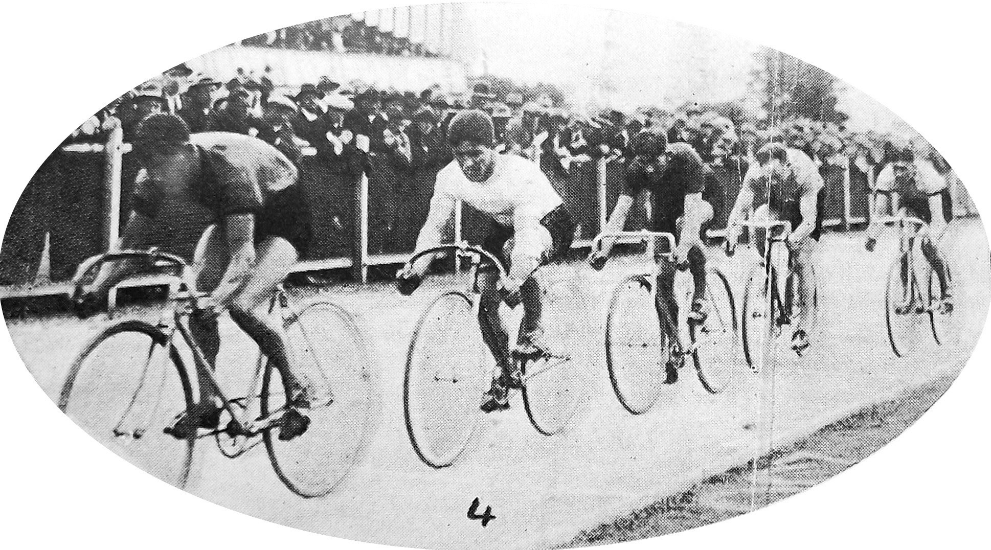 Cyclists Birch, Mackie, O’Shea and Wells lead in the fifth lap of the three-mile race at the New...