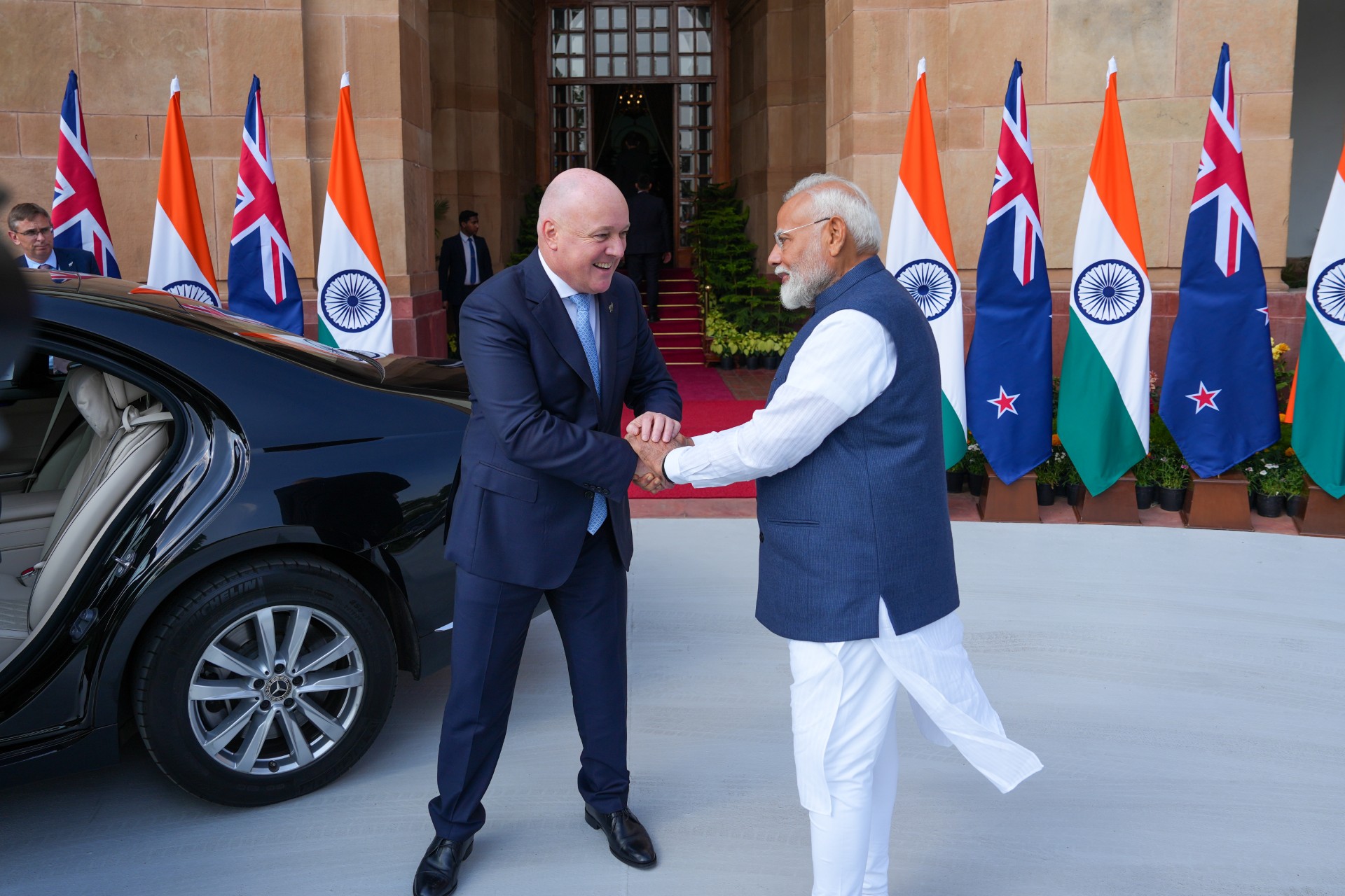 Prime Ministers Christopher Luxon and Narendra Modi at a meeting in India in March. Photo:...