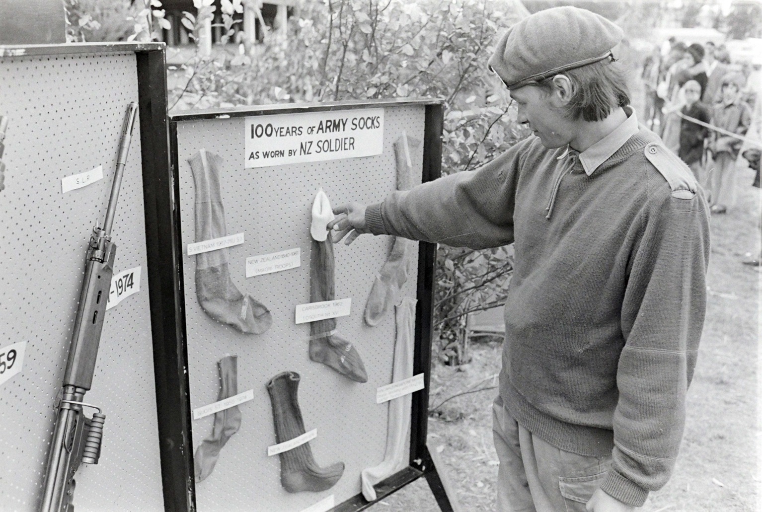 Socks through 100 years of New Zealand soldiering formed another popular display at the 1974 New...