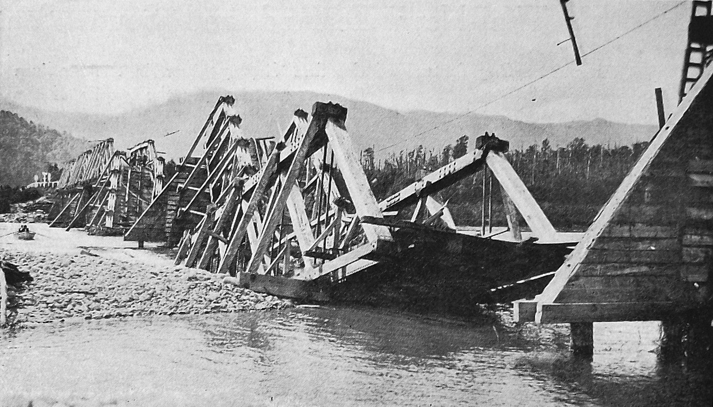 Four collapsed 80-foot (26m) spans of the Blackball bridge, West Coast. — Otago Witness, 22.12.1925