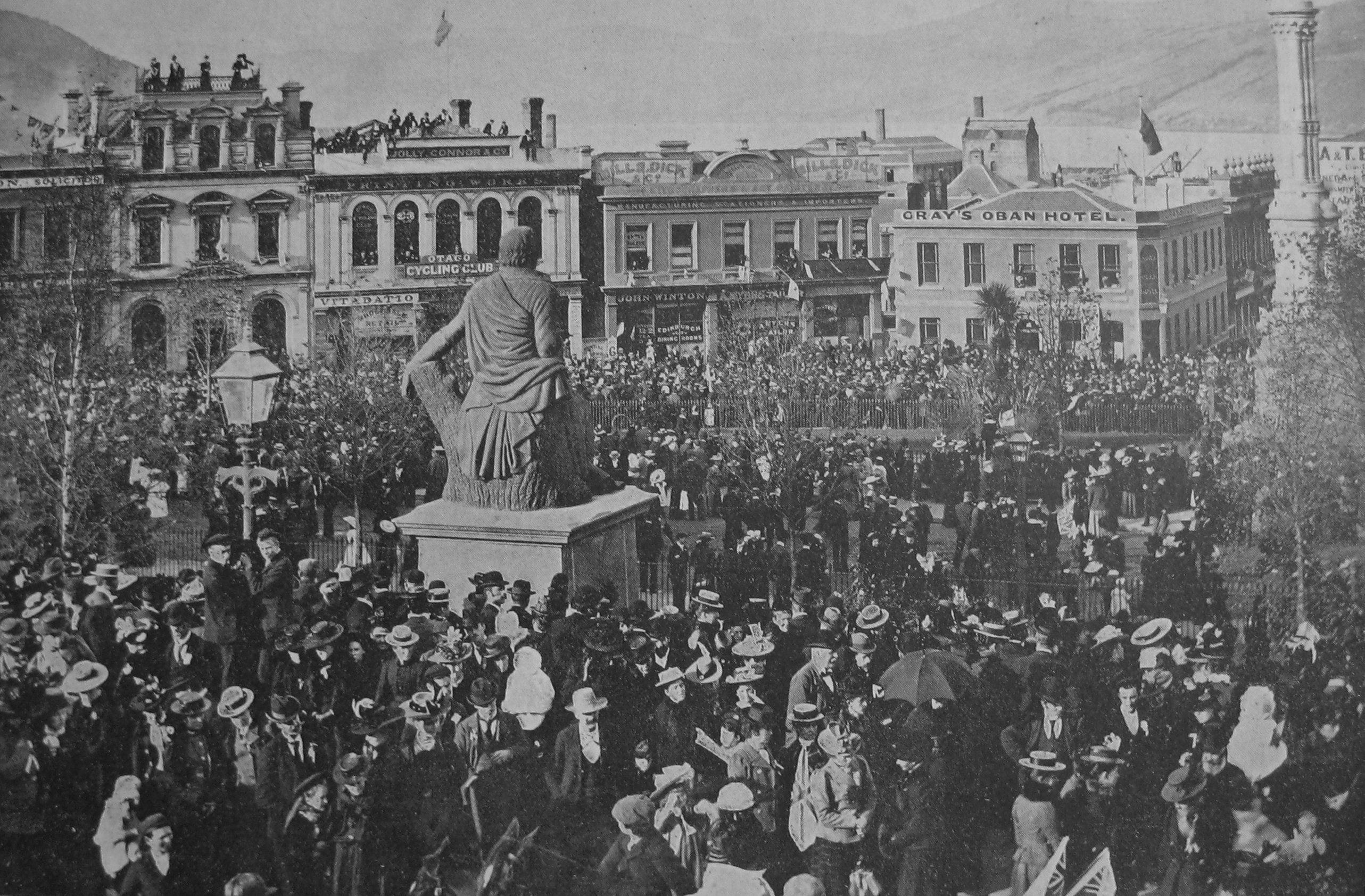 A jubilant crowd, estimated at 30,000-40,000, throngs Dunedin's Octagon, on May 18, 1900,...