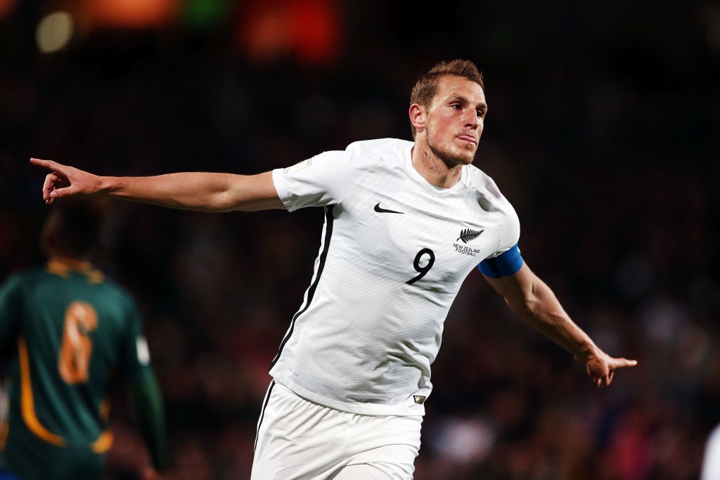 Chris Wood celebrates one of his three goals against the Solomon Islands on Friday night. Photo:...