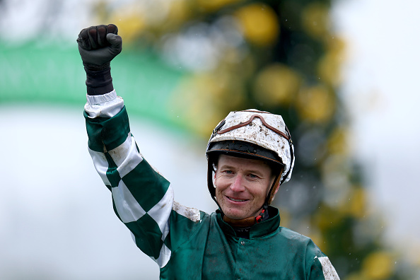 James McDonald celebrates a win on Via Sistina during Champions Day at Melbourne's Flemington...