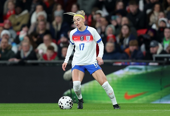 England Lionesses forward Chloe Kelly controls the ball against China at Wembley in London in...