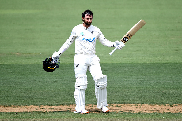 New Zealand's Devon Conway celebrates reaching his century against the West Indies in Mount...