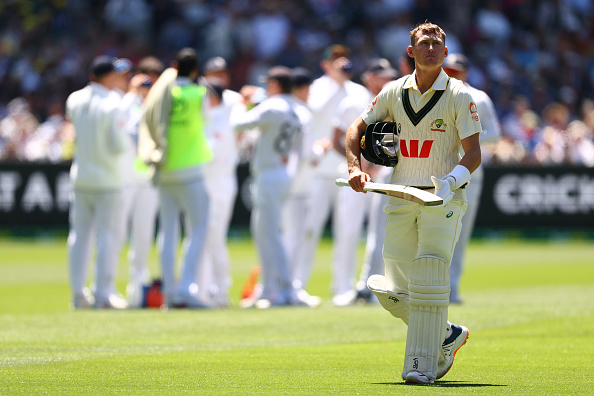 Marnus Labuschagne of Australia looks dejected after being dismissed by Josh Tongue of England....