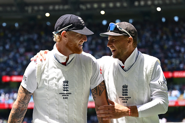 England's Ben Stokes and Joe Root share a laugh during day two of the fourth test in the 2025/26...