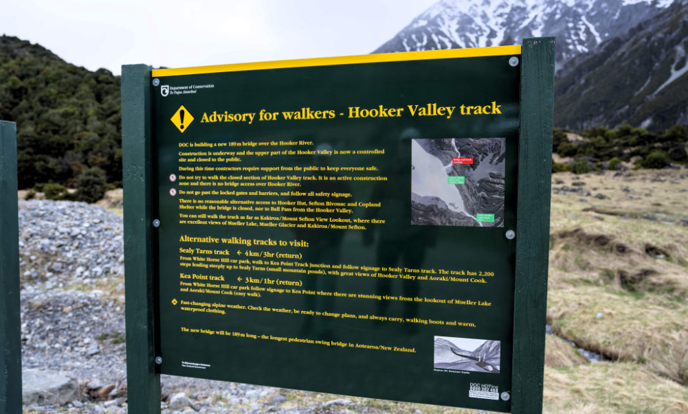 An advisory sign for the Hooker Valley track also gives people other options if they want to hike...