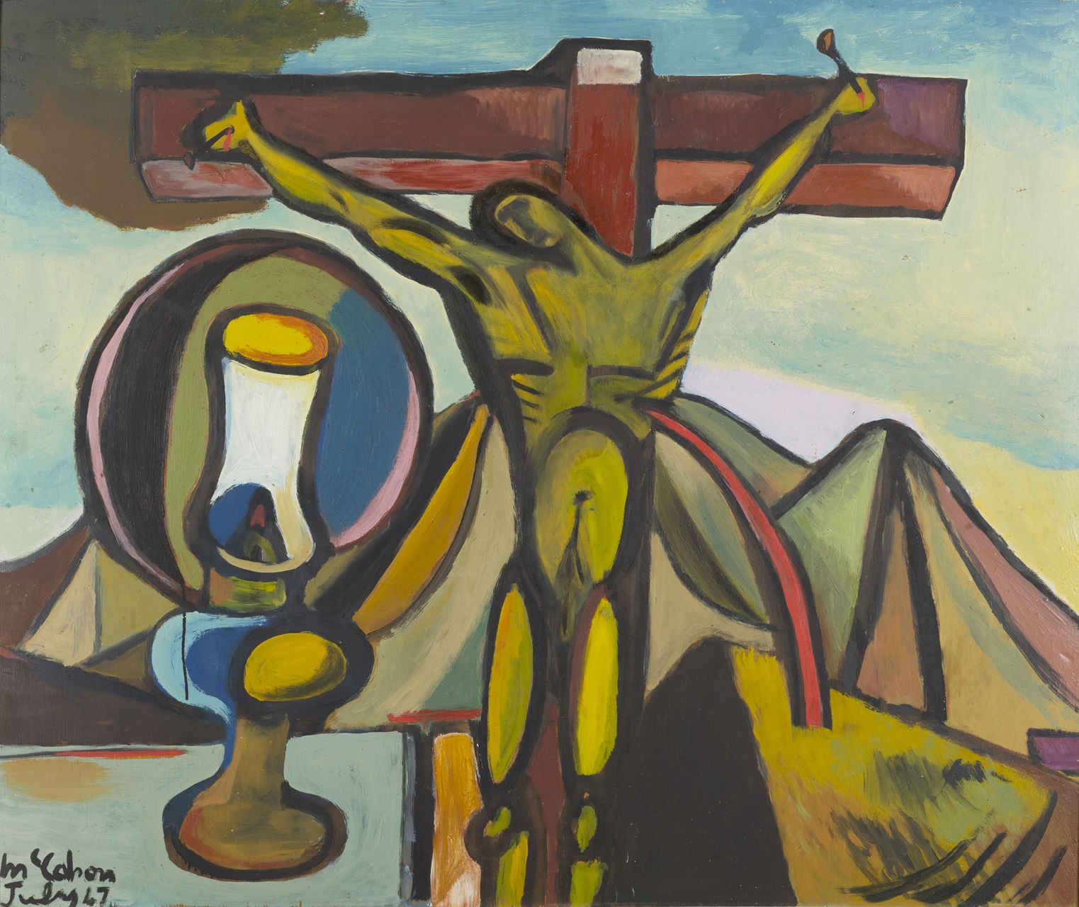 Colin McCahon, Crucifixion with Lamp, 1947,oil on board. Given by Dr Charles Brasch, Dunedin,...