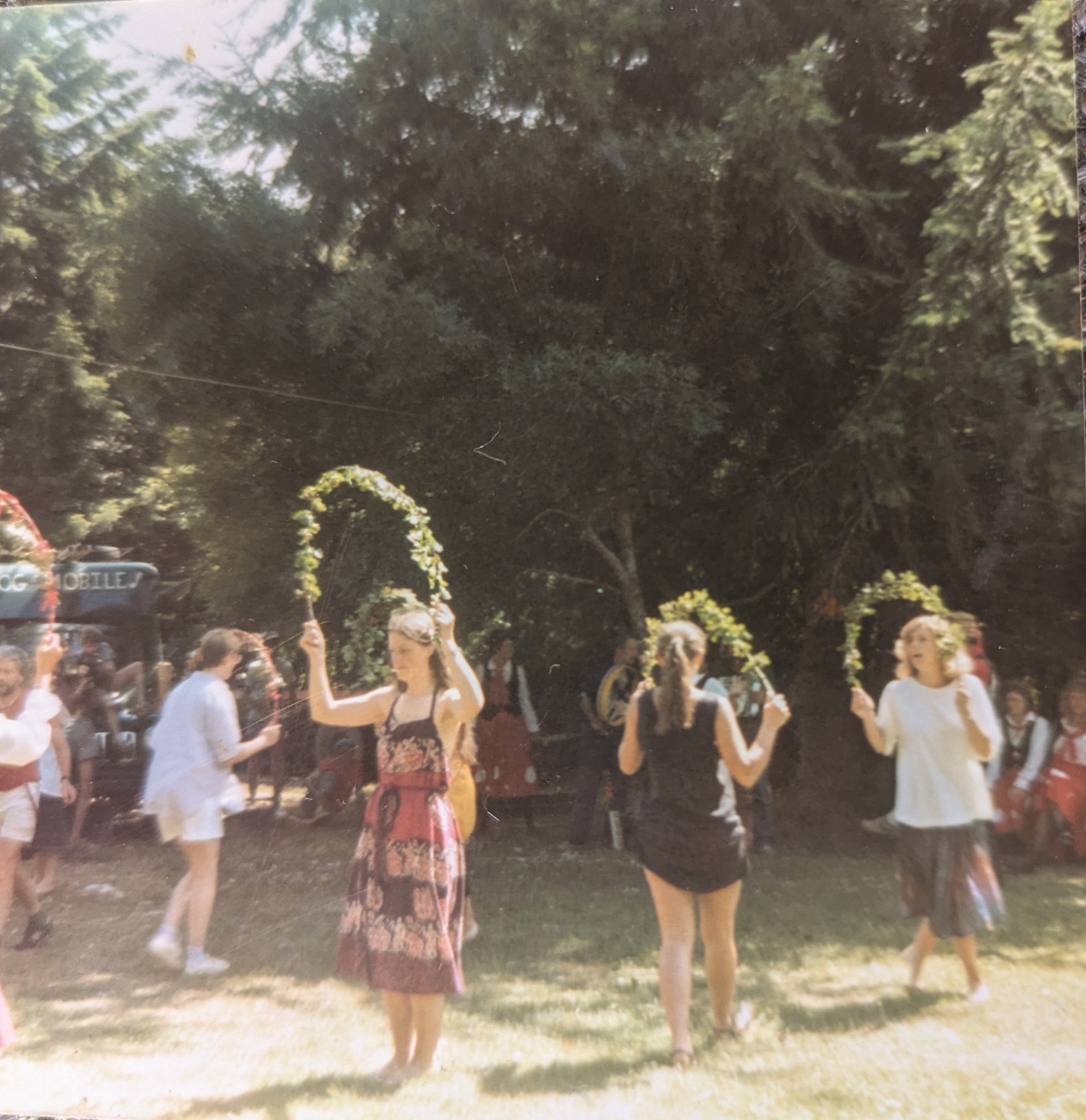 A Morris dancing workshop is held at the Whare Flat Folk Festival in the early 1980s.