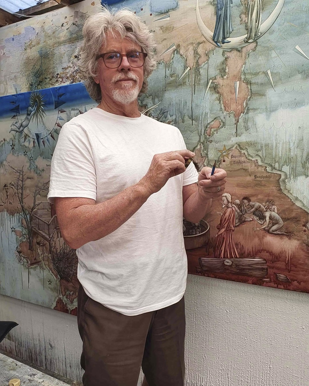 Roger Mortimer likes to be distracted from his painting with his tapestry and AI-generated imagery.