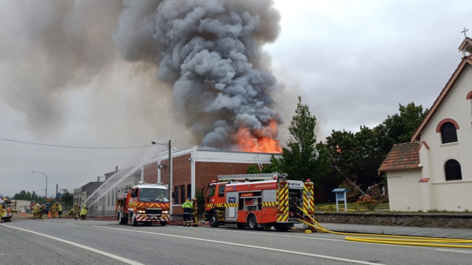 Emergency crews fight a blaze at the historic Roxburgh Town Hall and Entertainment Centre on...