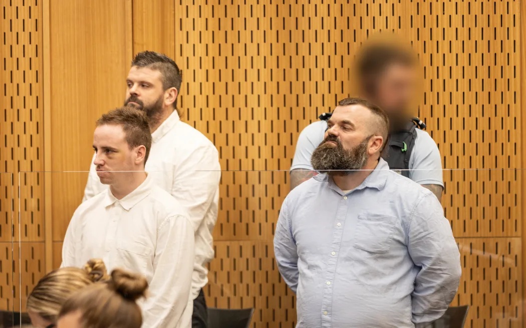 Appearing in court are (from left) Cody Boyes (in front). Hayden Burt and Aaron Boden. Photo: RNZ
