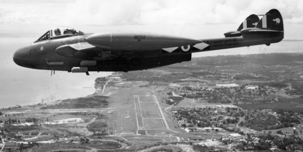 The No. 14 Squadron Venom WK428 over the RAF Station Changi in Singapore. Photo: Air Force Museum...