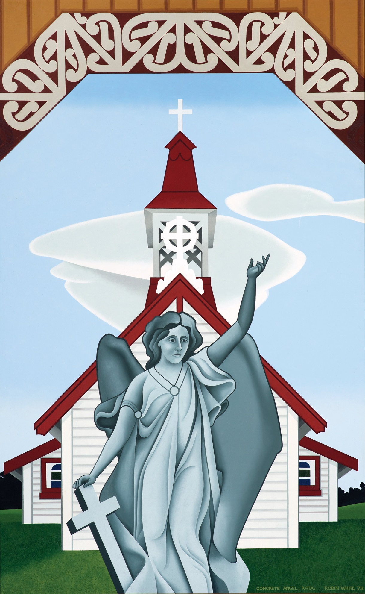Robin White, Concrete Angel, Rata, 1973, oil on canvas. Collection of Dunedin Public Art Gallery....
