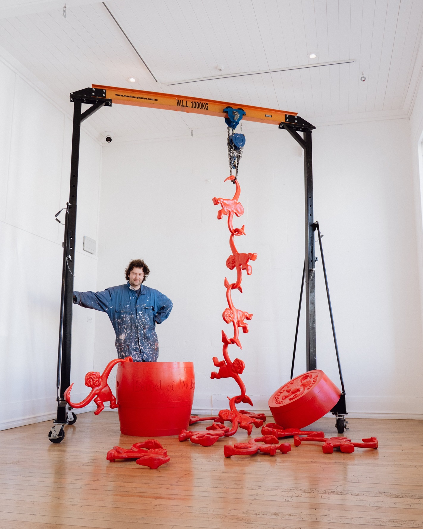 Artist Zac Whiteside exhibits his barrel of monkey’s game in the Crucible Gallery.