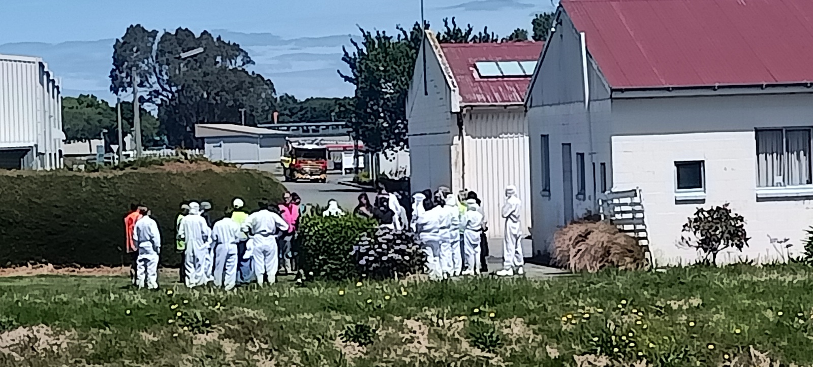 Evacuated workers congregate outside Quality Foods Southland in Invercargill. Photo: Toni...