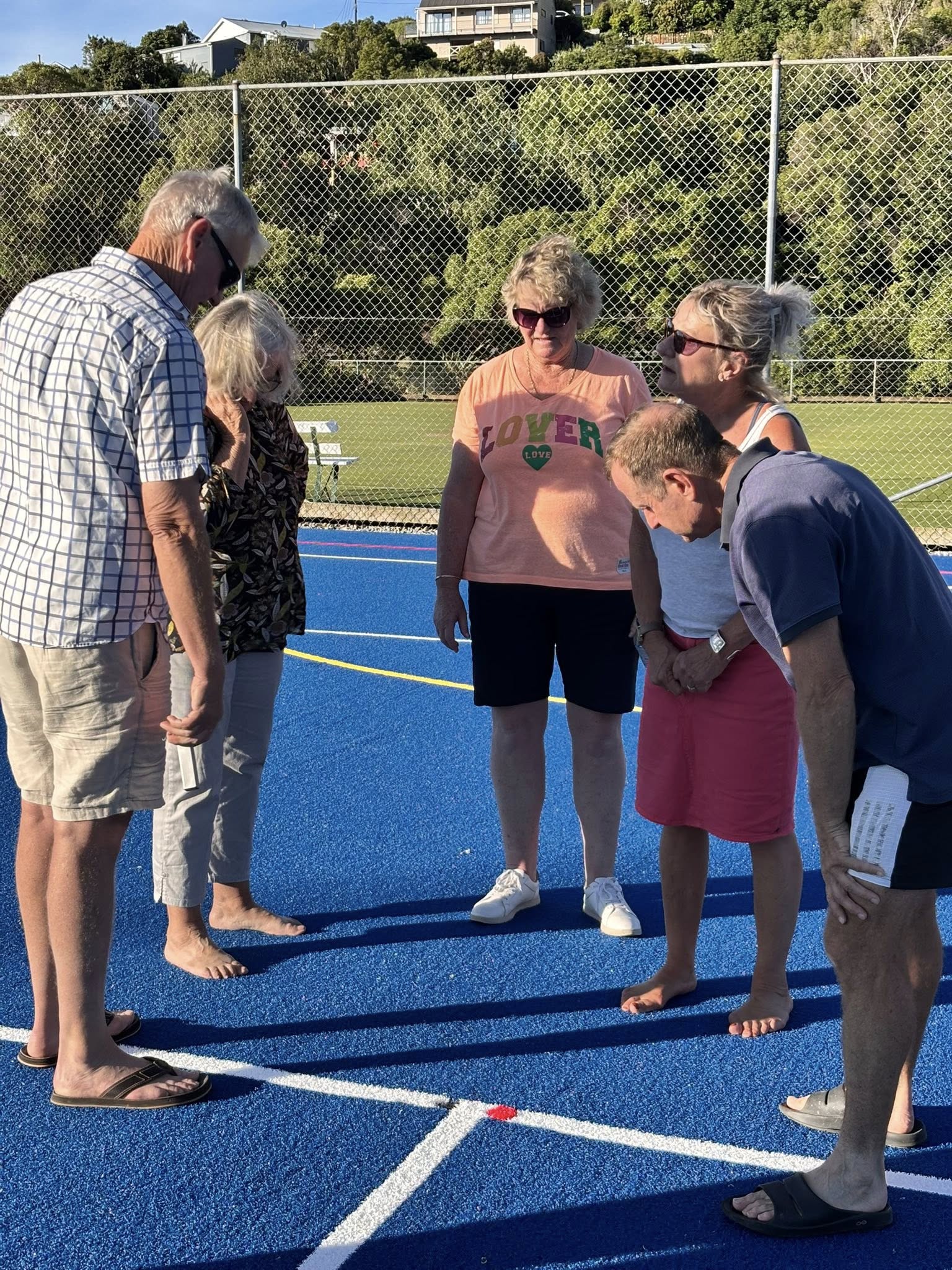 Jan Whitehead checks out the court with committee members. Photo: Banks Peninsula Sports &...
