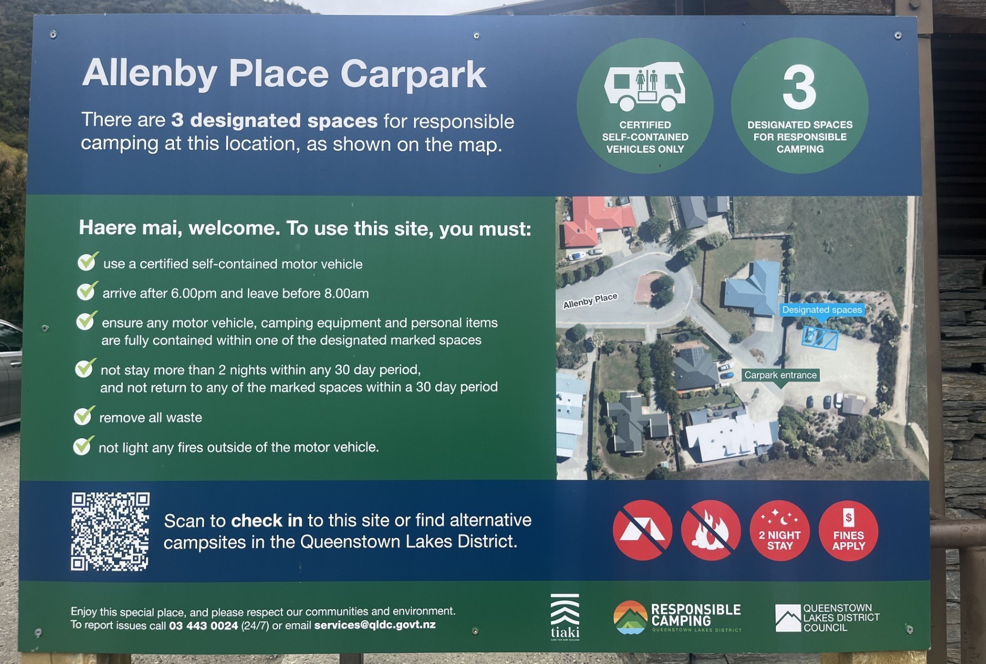 The sign at Wanaka’s Allenby Pl carpark where a temporary prohibition of freedom camping has been...