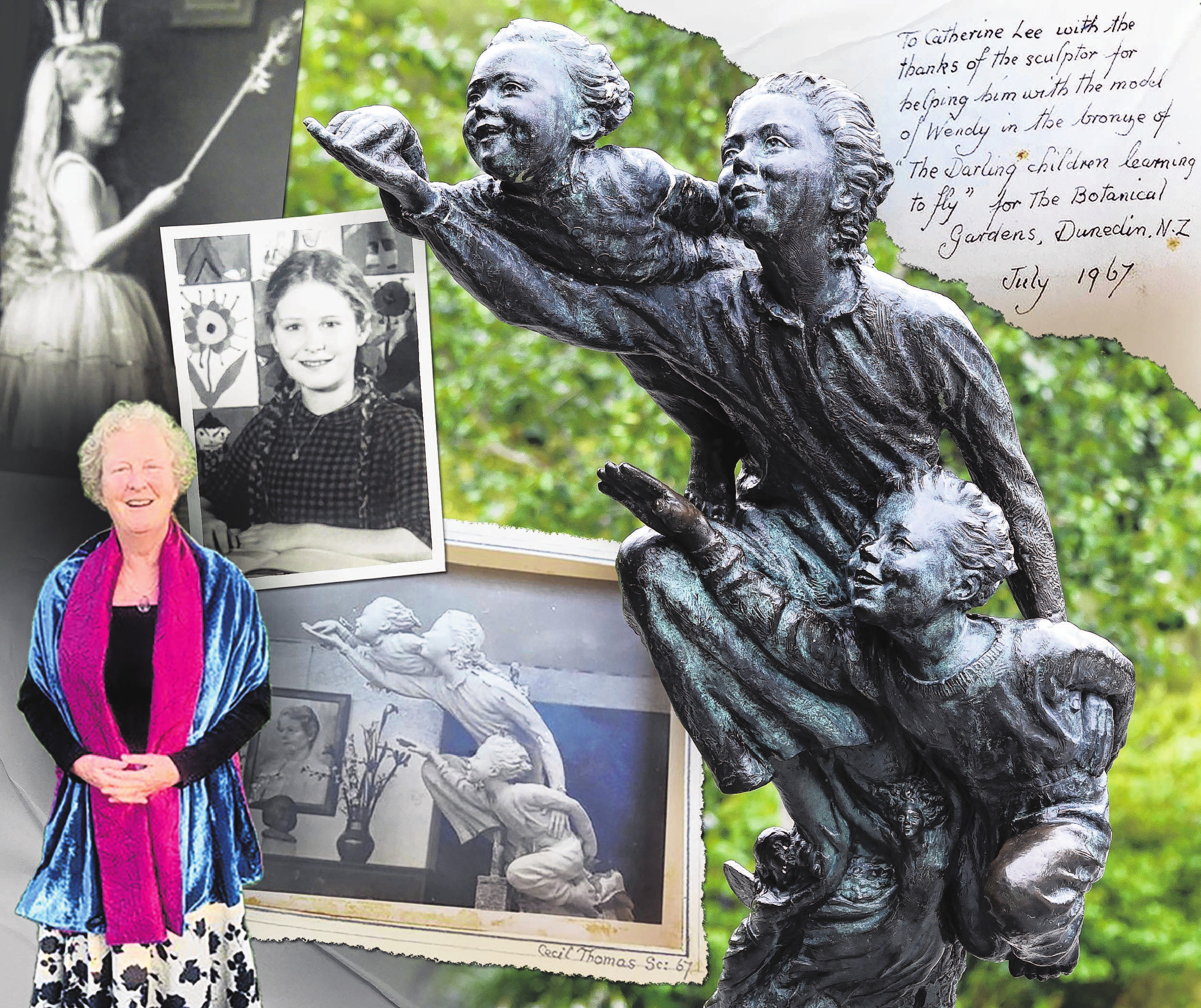 Clockwise from right: The statue of 'Wendy and her Attendants' at the Dunedin Botanic Garden; a...