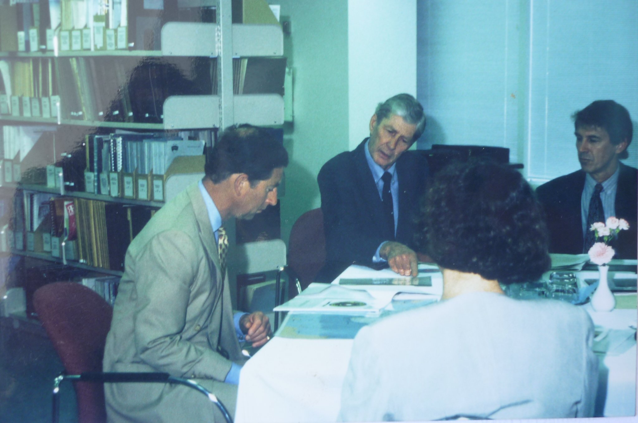 The King, then Prince Charles, meeting Lauder Niwa physicist Gordon Keys (centre) and Peter...