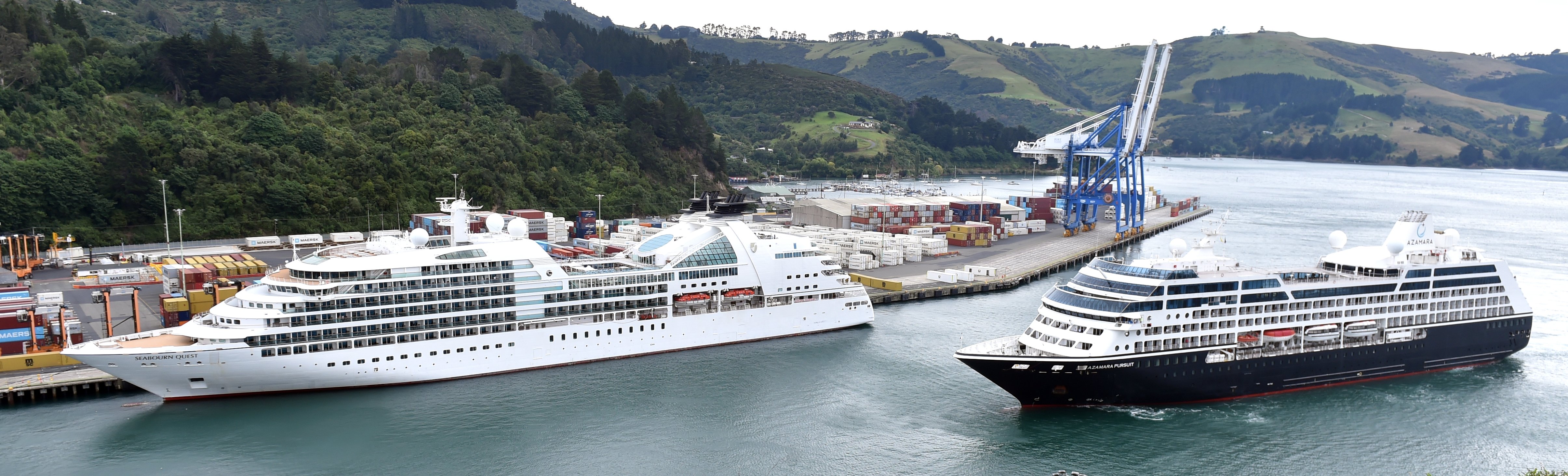Cruise ships Seabourn Quest, left, and Azamara Pursuit at Port Chalmers yesterday. PHOTOS: PETER...