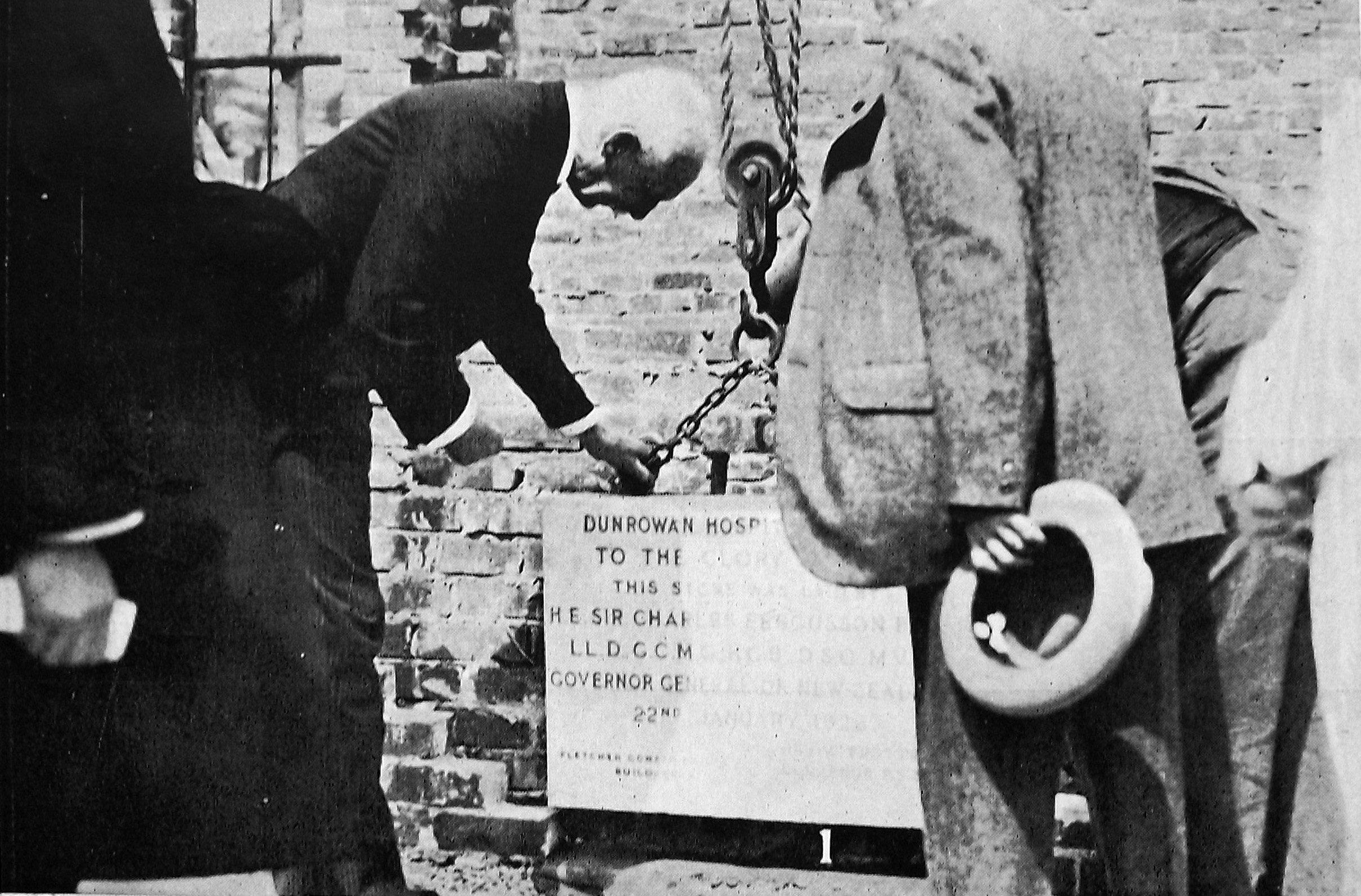 Governor-General Sir Charles Fergusson lays the foundation stone of Dunrowan Hospital at Ross...