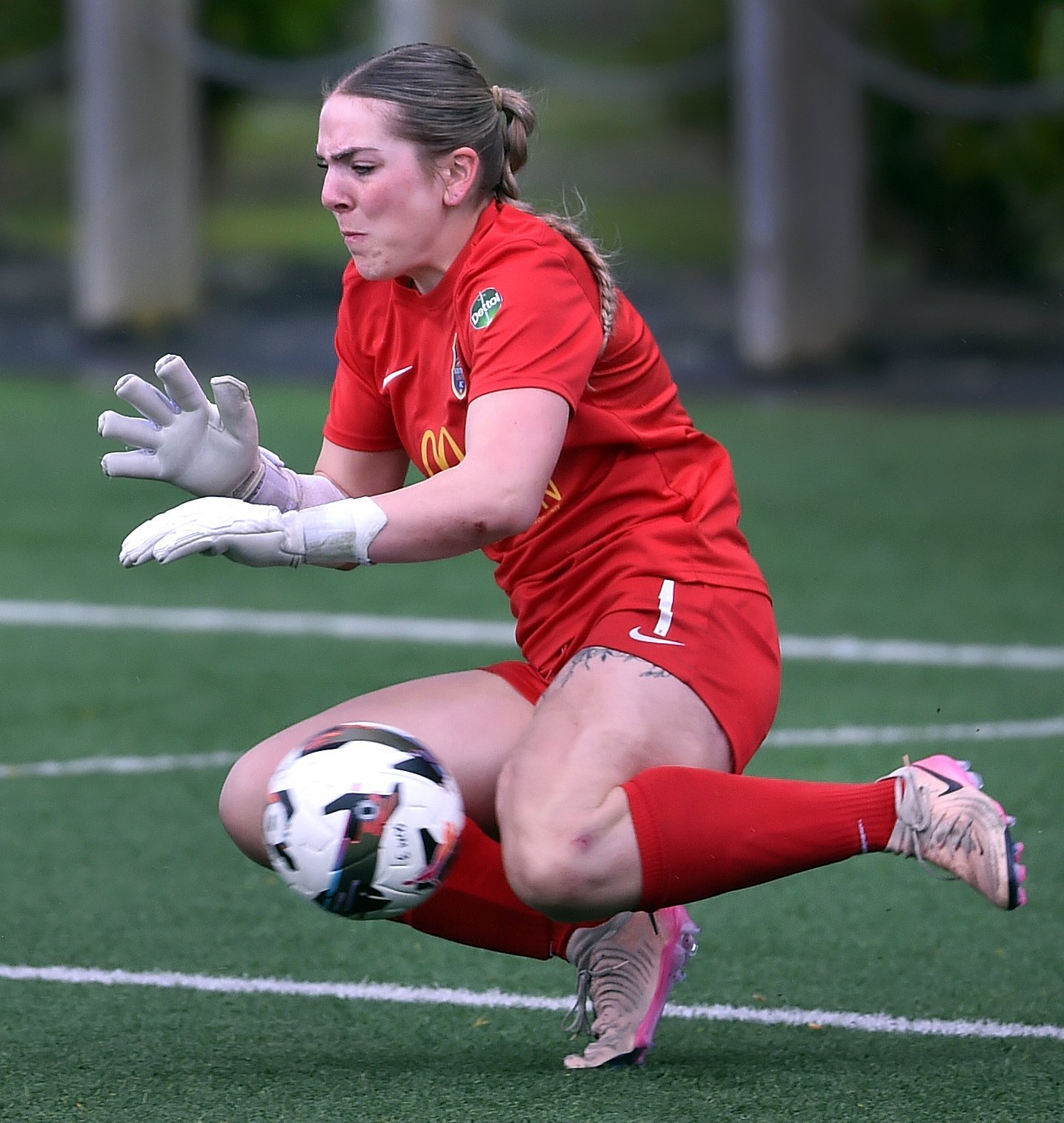 Lauren Paterson makes a save for Southern United during the National League game at Logan Park...