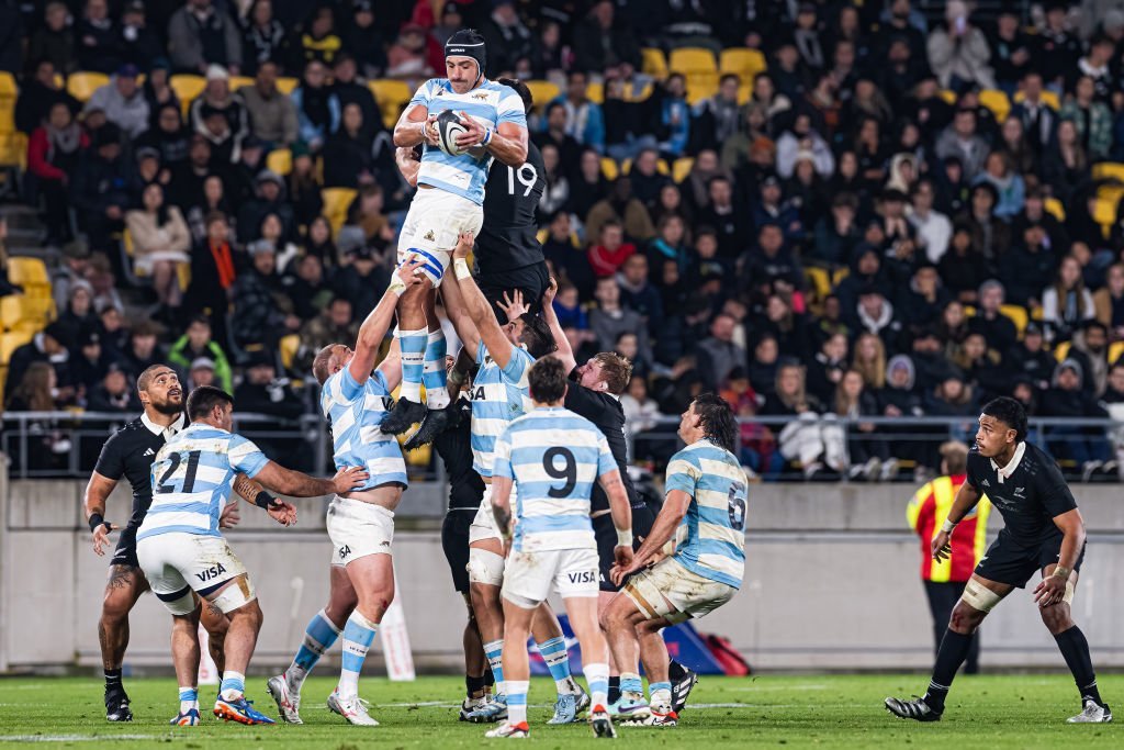 Lavanini claims possession in a lineout during the test between the Pumas and the All Blacks in...