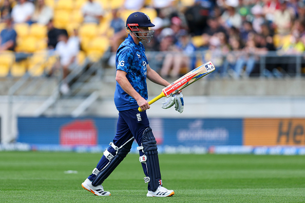 Harry Brook leaves the field after being dismissed in the One Day International match between New...