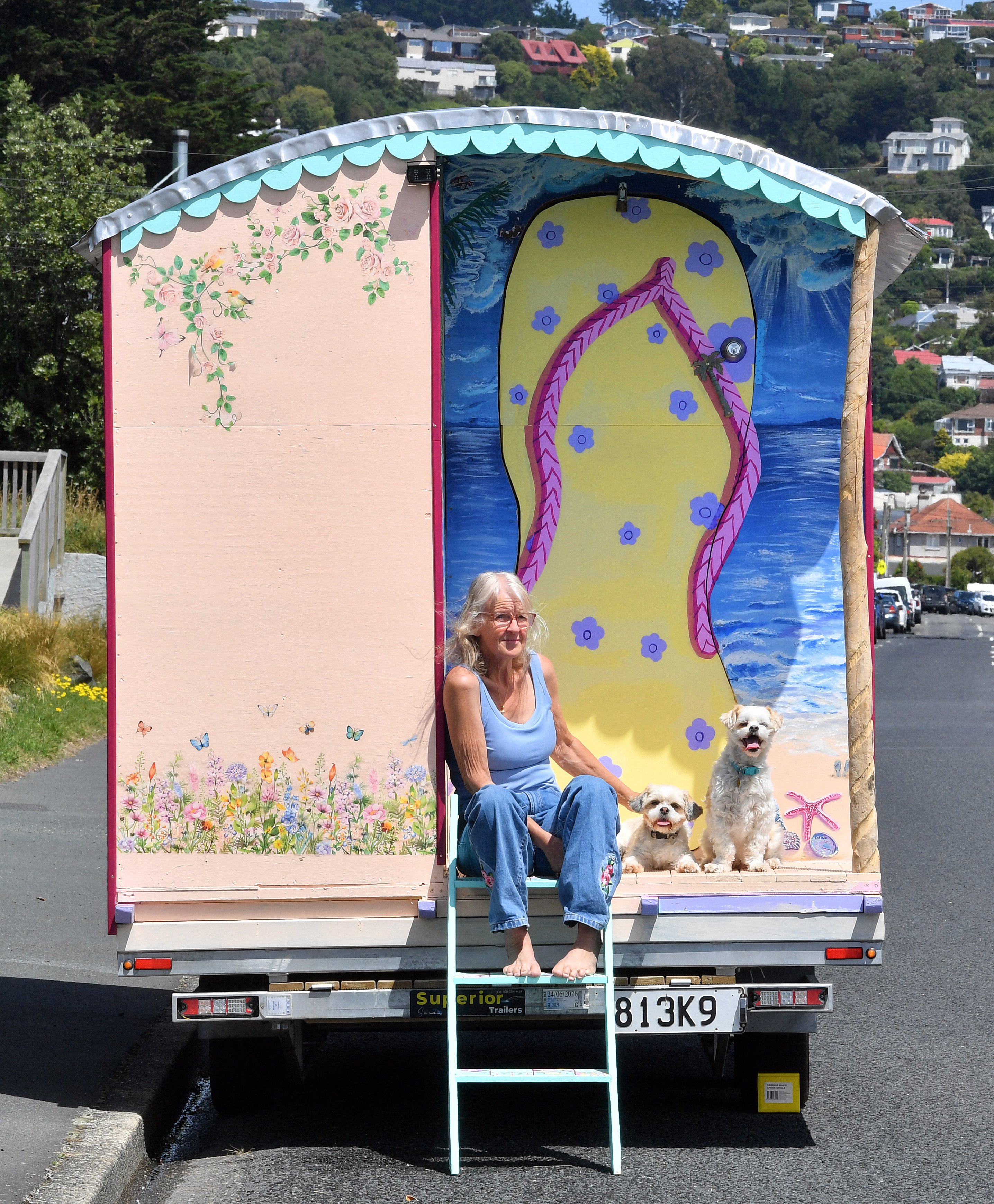 Former Waikouaiti woman Judy Robertson and her dogs Bella and Gromit have started a nomadic...
