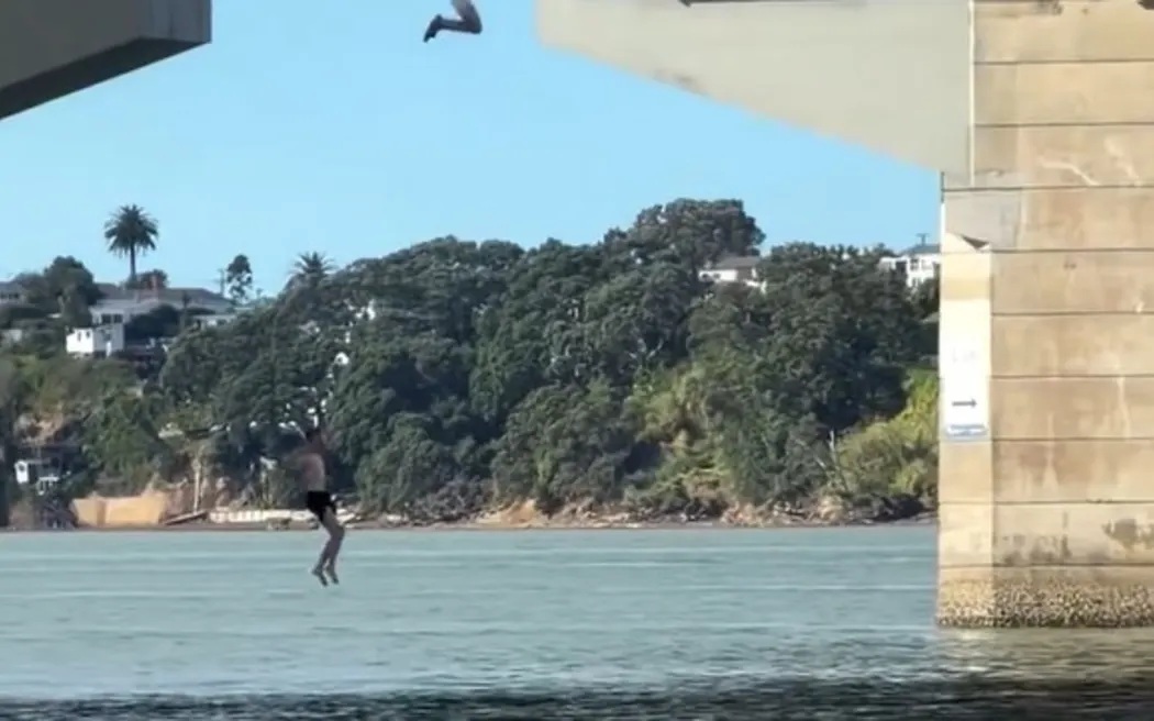 Video has emerged of two people jumping off the Auckland Harbour Bridge. Photo: Supplied