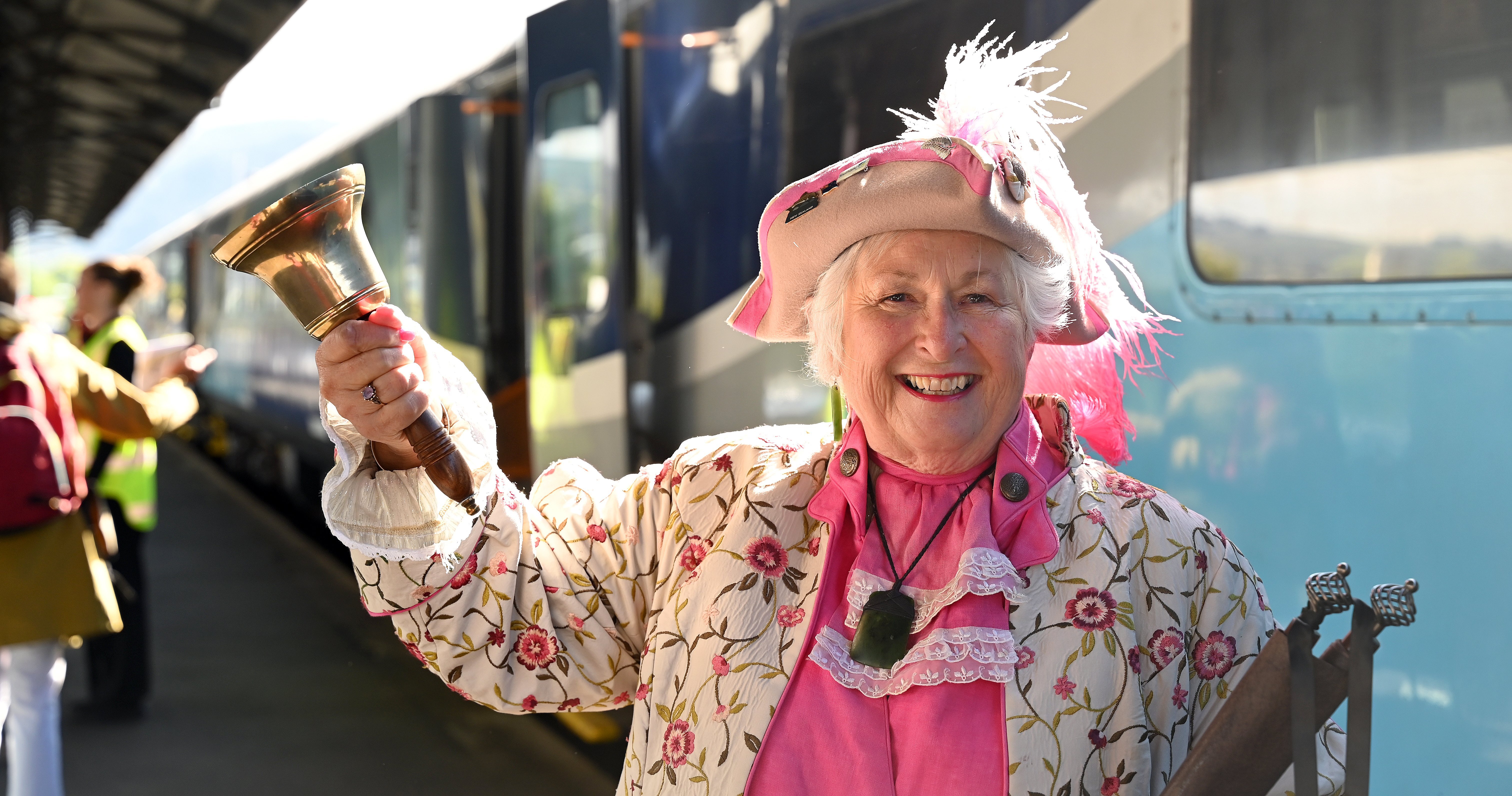 Southland town crier Lynley McKerrow hops on board The Mainlander at Dunedin Railway Station...