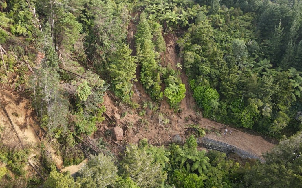 A monster slip blocking Russell Rd, northeast of Whangārei, is still moving. Photo: Supplied /...
