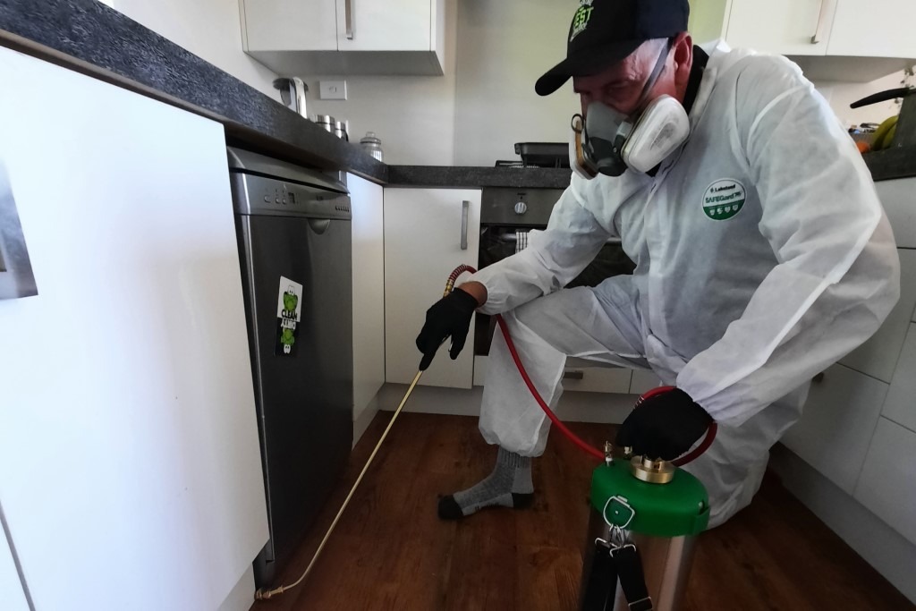 Pest controller Darryl Knauf exterminates an ant nest under a dishwasher, a common damp...