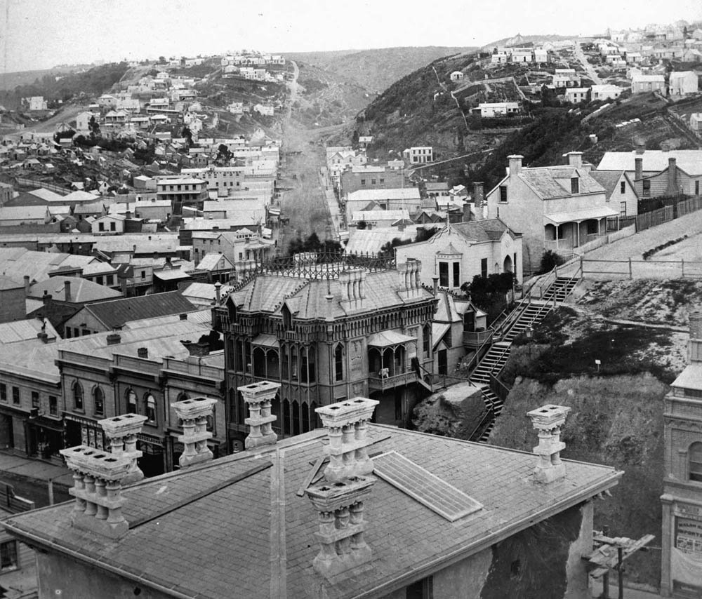 An 1865 view shows the Oriental Hotel and the wooden Dowling St steps to its right. Photo:...