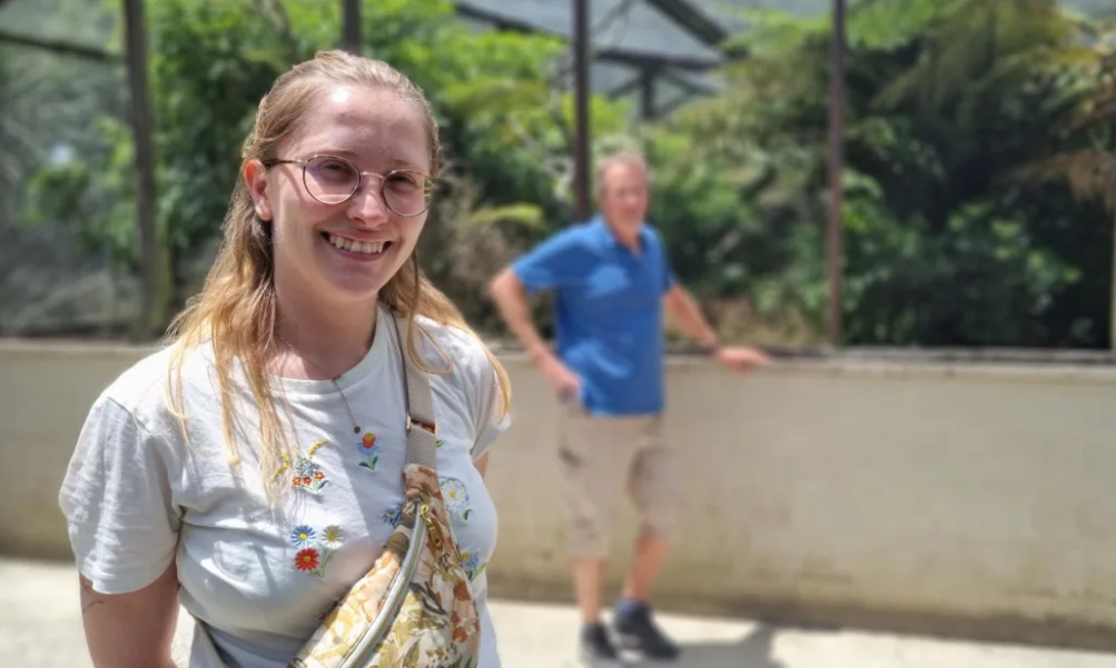 The bird's gutteral utterances caught French visitor Juliet Jones by surprise. Photo: RNZ 