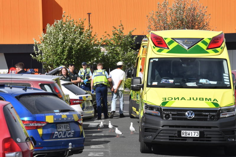 A man is led away by police after an incident in Andersons Bay Rd on Sunday. Photo: Stephen Jaquiery