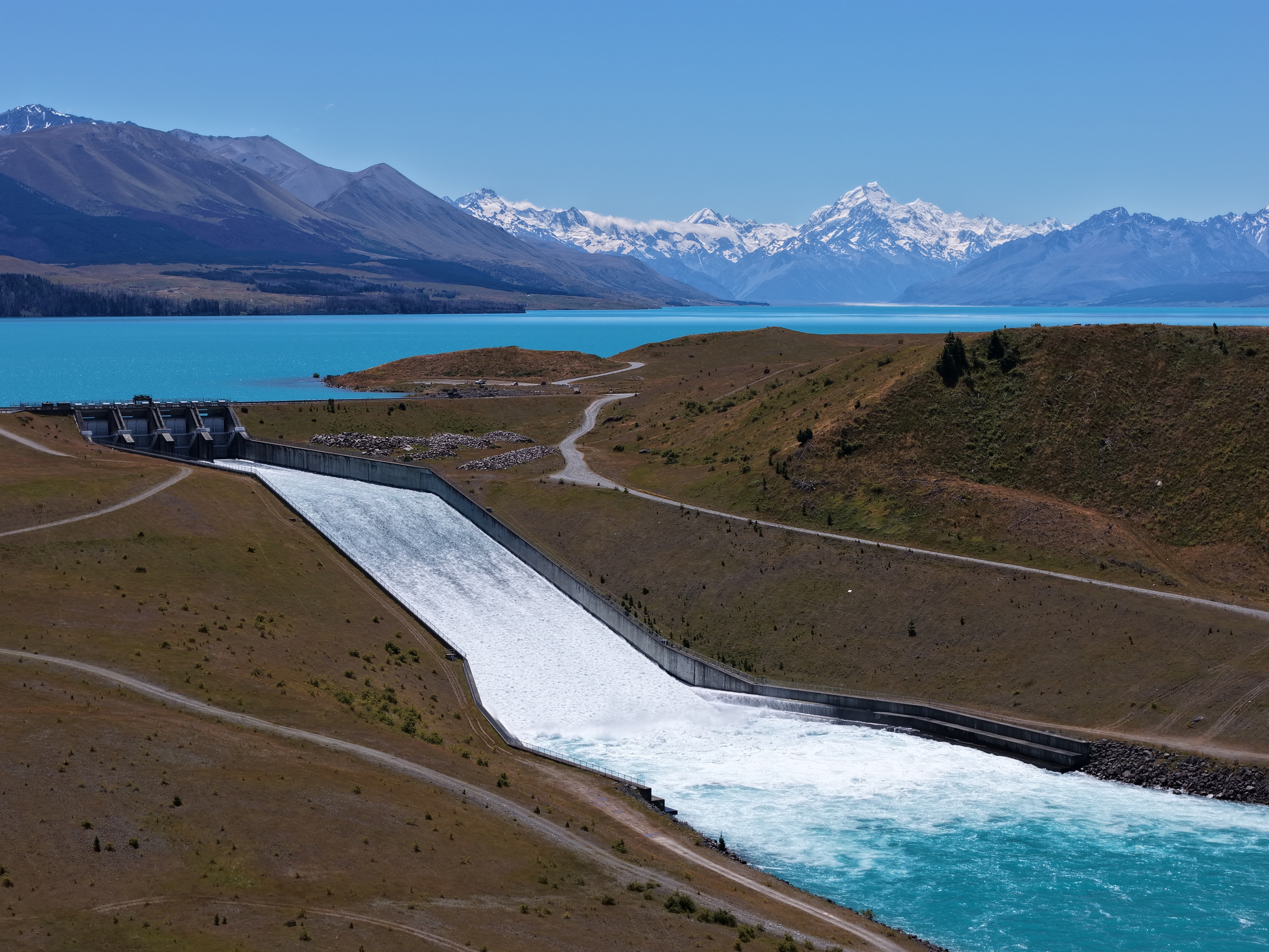 Lake Pukaki spilling water this week. PHOTO: MERIDIAN ENERGY