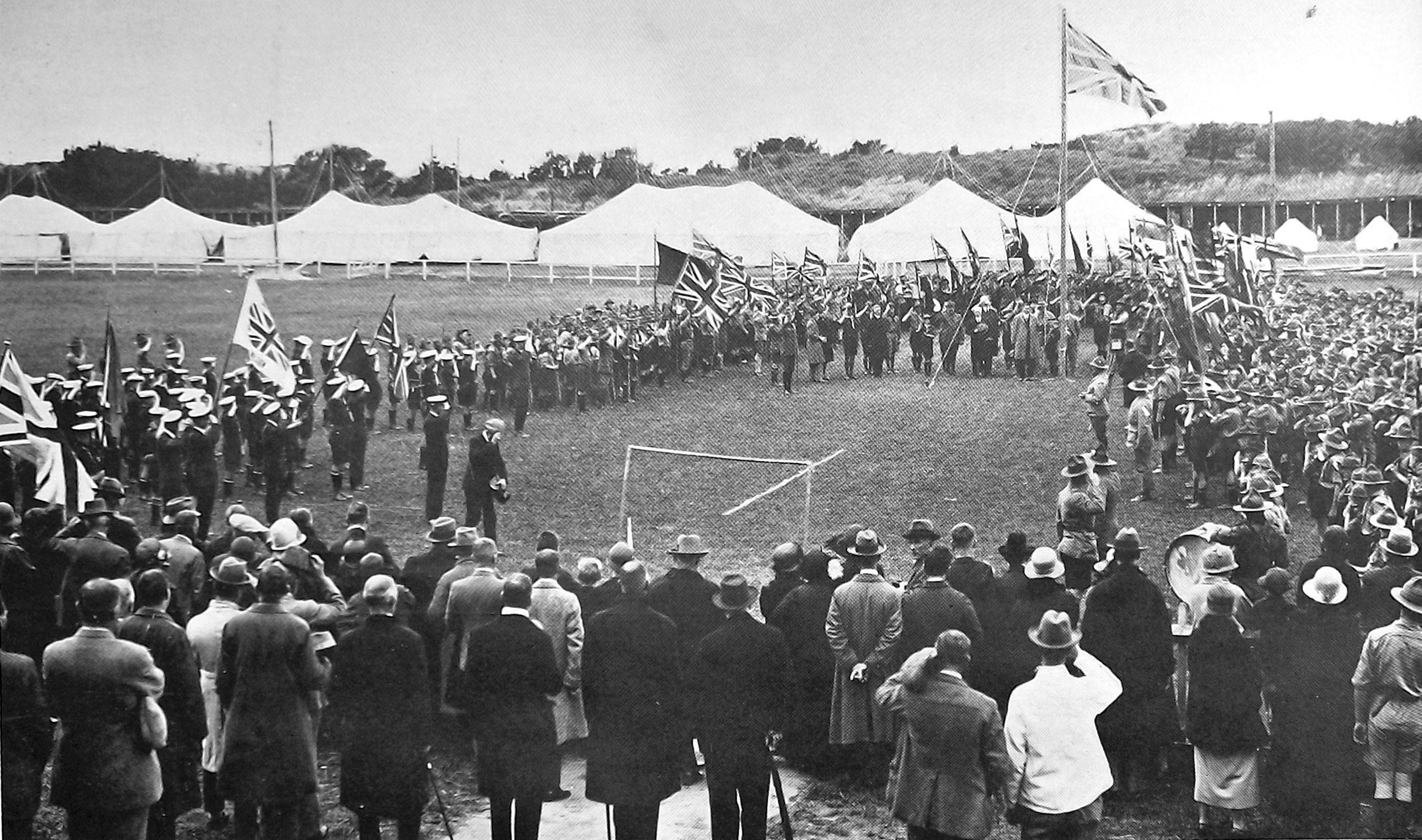 Opening ceremony for a Scouts jamboree at Tahuna Park, Dunedin. — Otago Witness, 19.1.1926