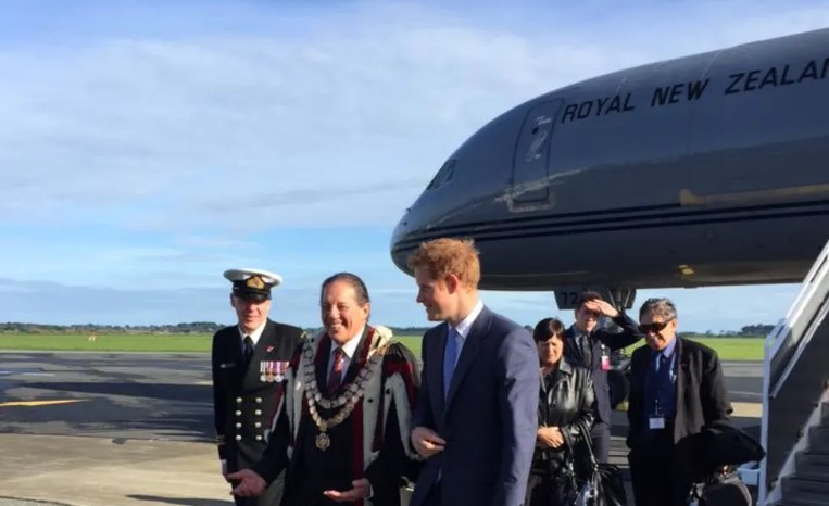 Prince Harry (front, right) with Invercargill Mayor Tim Shadbolt. Photo: Twitter / NZ Governor...