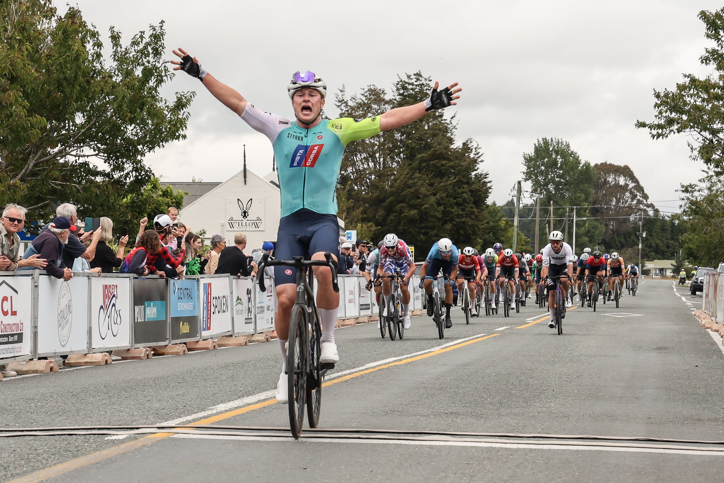 Dan Morton celebrates winning stage five of the Tour of Southland in Lumsden yesterday. PHOTO:...