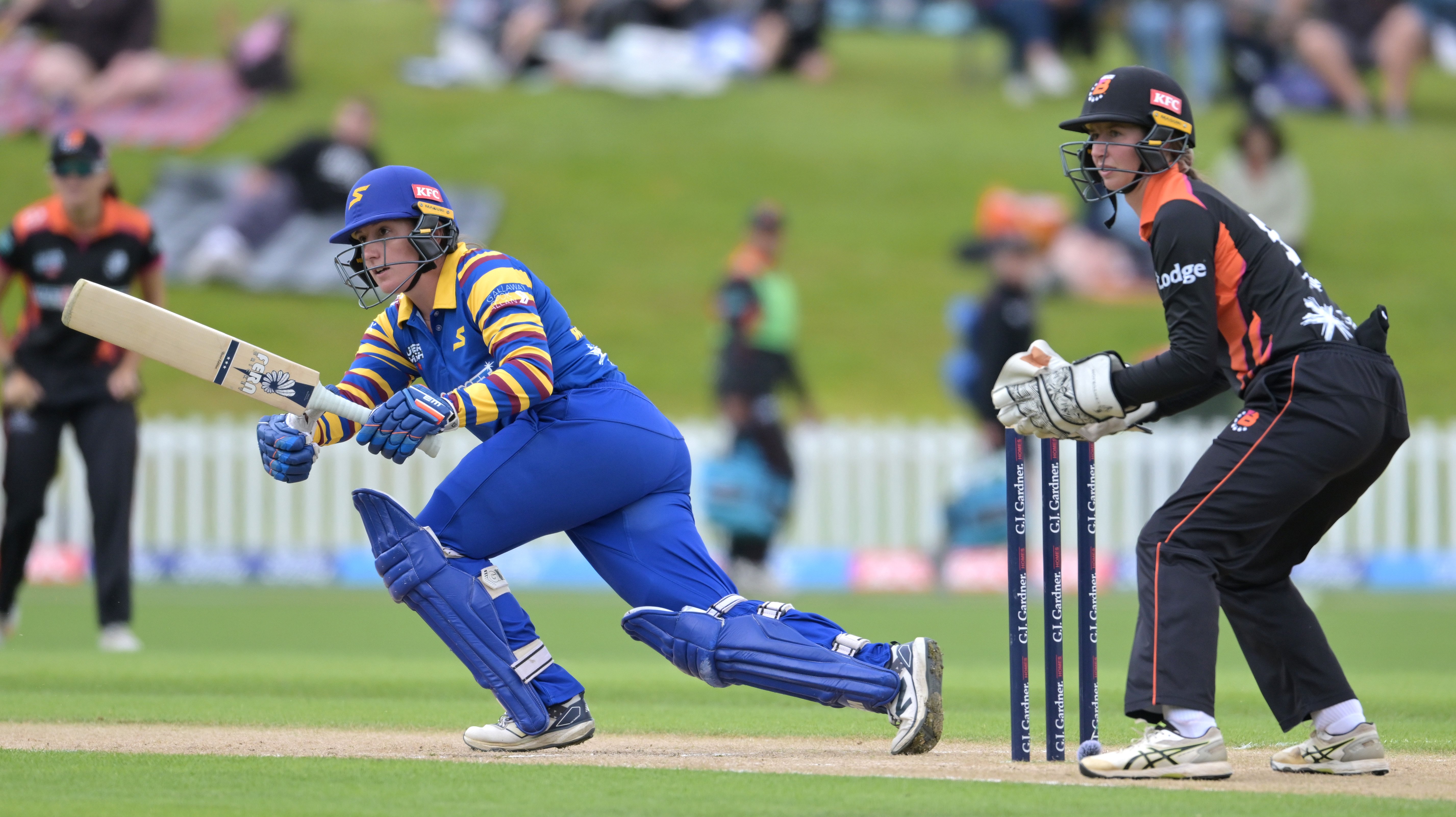 Sparks opener Felicity Robertson eyes the ball as Northern Brave wicketkeeper Holly Topp watches...