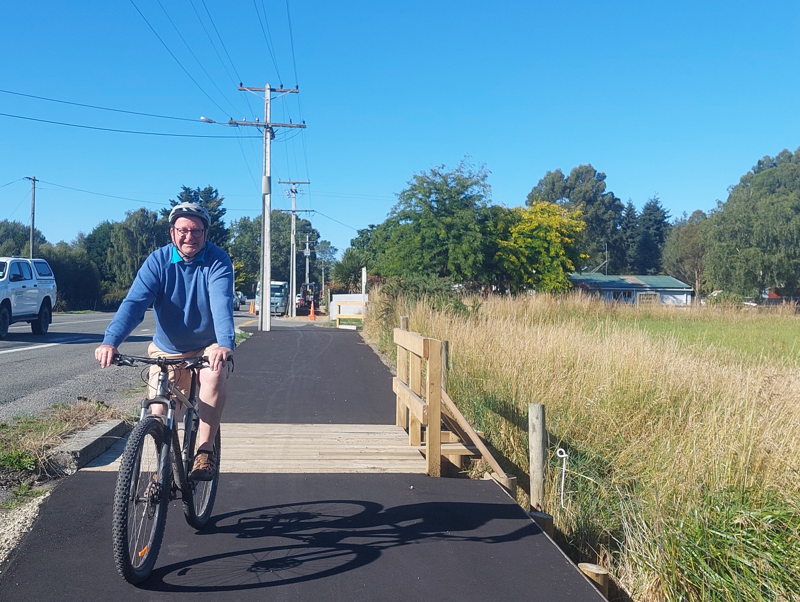 Charles Scarsbrook takes a spin on the new cycleway which connects the Temuka River Bridge to the...