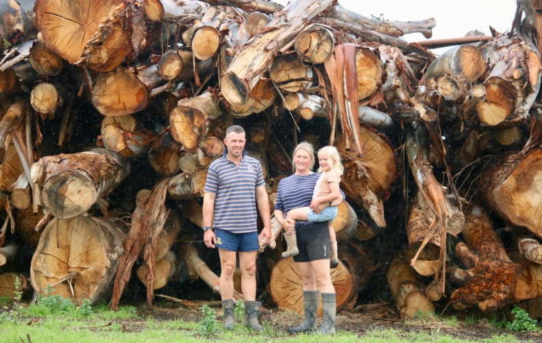 Todd and Holly McCammon with their daughter Isla, and some of the hundreds of trees that fell on...