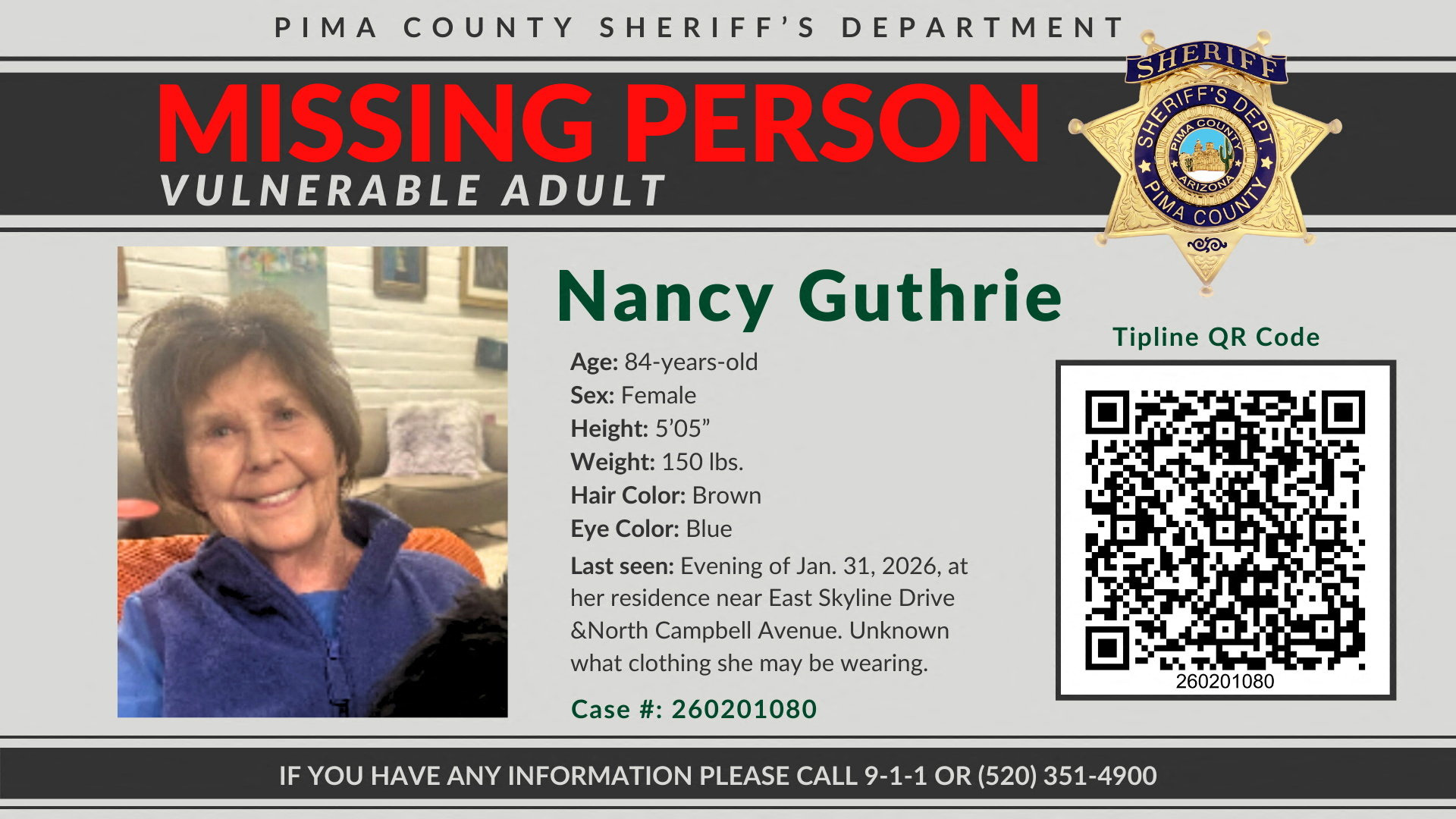 A notice requests information on the disappearance of Nancy Guthrie. Photo: Pima County Sheriff’s...