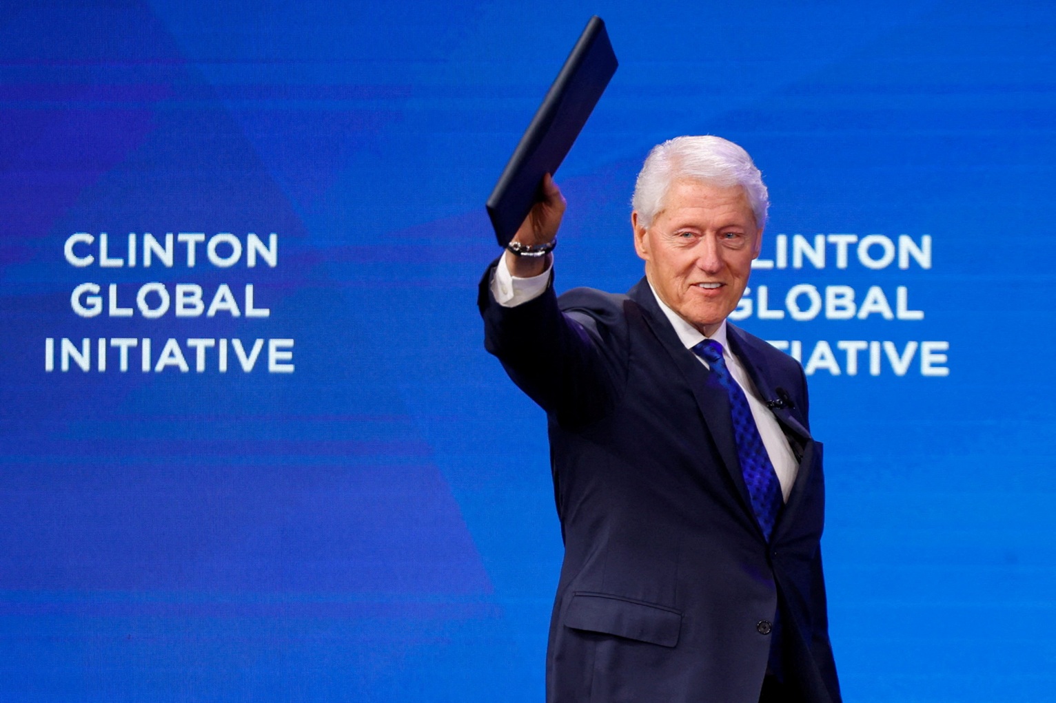 Former US president Bill Clinton gestures during the 2025 Clinton Global Initiative in New York...